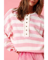 Pink Stripe Half Buttons Drop Shoulder Sweater - XL