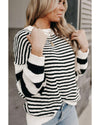 Black white Striped Drop Shoulder Bishop Sleeve Knit Sweater - XL