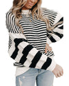 Black white Striped Drop Shoulder Bishop Sleeve Knit Sweater - XL