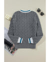 Medium Grey Color Contrast Ribbed Edge Cable Knit V Neck Sweater - M