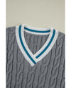 Medium Grey Color Contrast Ribbed Edge Cable Knit V Neck Sweater - M