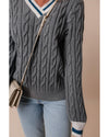Medium Grey Color Contrast Ribbed Edge Cable Knit V Neck Sweater - M
