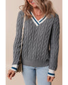 Medium Grey Color Contrast Ribbed Edge Cable Knit V Neck Sweater - M