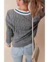Medium Grey Color Contrast Ribbed Edge Cable Knit V Neck Sweater - M