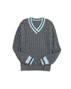 Medium Grey Color Contrast Ribbed Edge Cable Knit V Neck Sweater - M