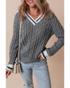 Medium Grey Color Contrast Ribbed Edge Cable Knit V Neck Sweater - M