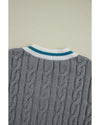Medium Grey Color Contrast Ribbed Edge Cable Knit V Neck Sweater - S