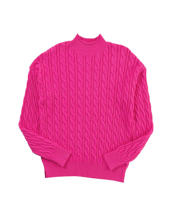 Rose Red Solid Cable Knit High Neck Drop Shoulder Sweater - L
