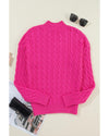 Rose Red Solid Cable Knit High Neck Drop Shoulder Sweater - L