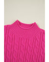 Rose Red Solid Cable Knit High Neck Drop Shoulder Sweater - L