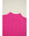 Rose Red Solid Cable Knit High Neck Drop Shoulder Sweater - L
