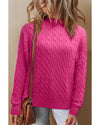 Rose Red Solid Cable Knit High Neck Drop Shoulder Sweater - L