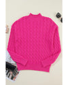 Rose Red Solid Cable Knit High Neck Drop Shoulder Sweater - L