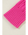 Rose Red Solid Cable Knit High Neck Drop Shoulder Sweater - L