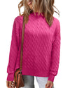 Rose Red Solid Cable Knit High Neck Drop Shoulder Sweater - M