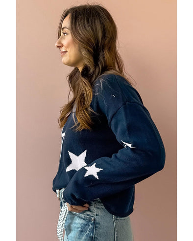 Sail Blue Star Pattern Drop Shoulder Knitted Sweater - XL