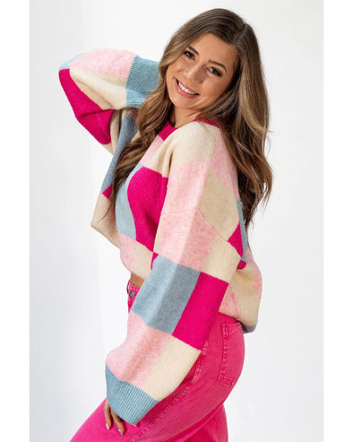 Rose Red Color Block Drop Shoulder Crewneck Loose Fit Sweater - L