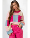 Rose Red Color Block Drop Shoulder Crewneck Loose Fit Sweater - L