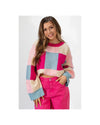 Rose Red Color Block Drop Shoulder Crewneck Loose Fit Sweater - L
