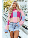 Rose Red Color Block Drop Shoulder Crewneck Loose Fit Sweater - L