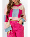 Rose Red Color Block Drop Shoulder Crewneck Loose Fit Sweater - XL