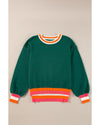 Blackish Green Colorblock Striped Trim Drop Shoulder Sweater - L