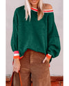 Blackish Green Colorblock Striped Trim Drop Shoulder Sweater - L