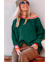 Blackish Green Colorblock Striped Trim Drop Shoulder Sweater - L