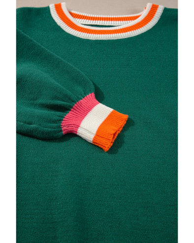 Blackish Green Colorblock Striped Trim Drop Shoulder Sweater - XL