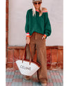 Blackish Green Colorblock Striped Trim Drop Shoulder Sweater - XL