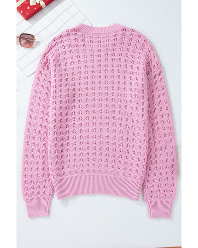 Pink Crochet Knit Drop Shoulder Sweater - M