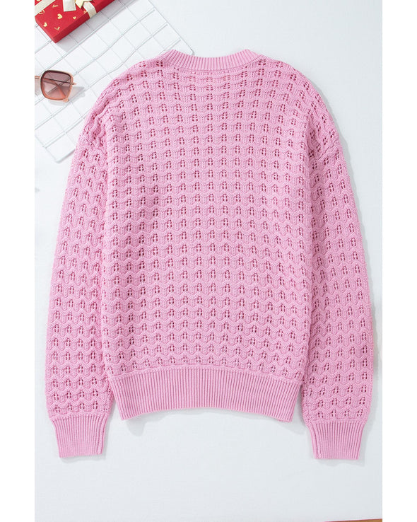 Pink Crochet Knit Drop Shoulder Sweater - M