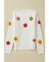 White Colorful Flower Applique Textured Knit Sweater - M