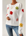 White Colorful Flower Applique Textured Knit Sweater - M