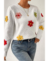 White Colorful Flower Applique Textured Knit Sweater - M