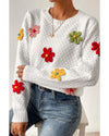 White Colorful Flower Applique Textured Knit Sweater - M