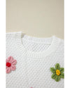 White Colorful Flower Applique Textured Knit Sweater - S