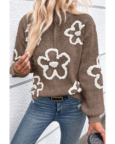 Parchment Contrast Flower Half Zipper Stand Neck Sweater - M