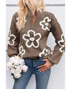 Parchment Contrast Flower Half Zipper Stand Neck Sweater - XL