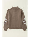 Parchment Contrast Flower Half Zipper Stand Neck Sweater - XL