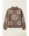 Parchment Contrast Flower Half Zipper Stand Neck Sweater - XL