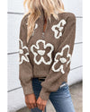 Parchment Contrast Flower Half Zipper Stand Neck Sweater - XL