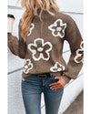 Parchment Contrast Flower Half Zipper Stand Neck Sweater - XL