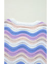 Purple Stripe Wavy Pointelle Knit Drop Shoulder Sweater - M