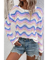 Purple Stripe Wavy Pointelle Knit Drop Shoulder Sweater - M