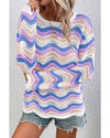 Purple Stripe Wavy Pointelle Knit Drop Shoulder Sweater - M