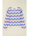 Purple Stripe Wavy Pointelle Knit Drop Shoulder Sweater - M