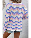 Purple Stripe Wavy Pointelle Knit Drop Shoulder Sweater - M