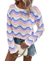 Purple Stripe Wavy Pointelle Knit Drop Shoulder Sweater - M