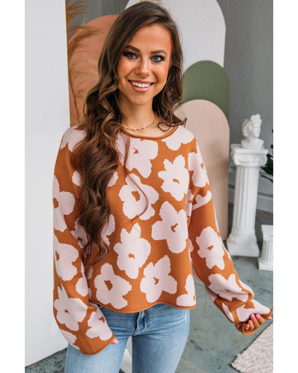 Brown Floral Pattern Crew Neck Long Sleeve Loose Sweater - L
